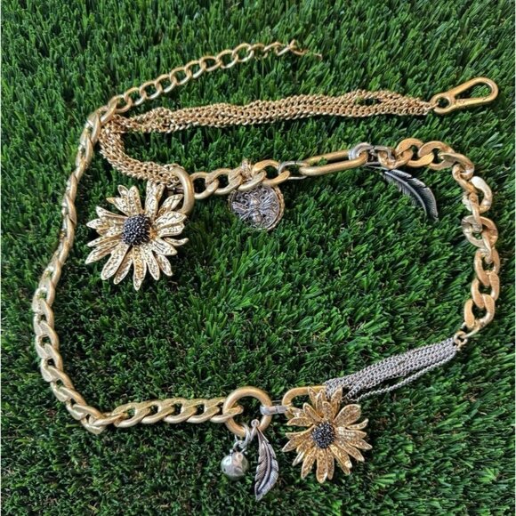 ZARA Gold Tone Chain Belt Sunflower Charms Coin Feather Statement 40” Runway - Picture 9 of 9